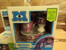 4 x Disney Pixar Monsters University Breakfast Sets. Incl Bowl, Mug & Egg Cup. Boxed (see image for