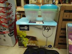 3 items being 2 x sets of 3 Small Storage Tubs with lids & 1  x Banquet Set of 4 Wine Glasses boxed