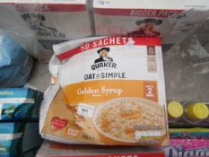 Box of 50 sachets 1.8Kg in total of Quaker Oats so Simple golden syrup, boxed. BB 10/04/21