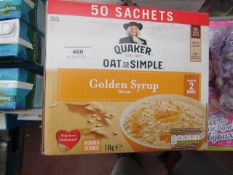 Box of 50 sachets 1.8Kg in total of Quaker Oats so Simple golden syrup, boxed. BB 10/04/21