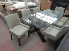 Bentley designs Glass topped table and 6 leather style chairs, in very good condtion