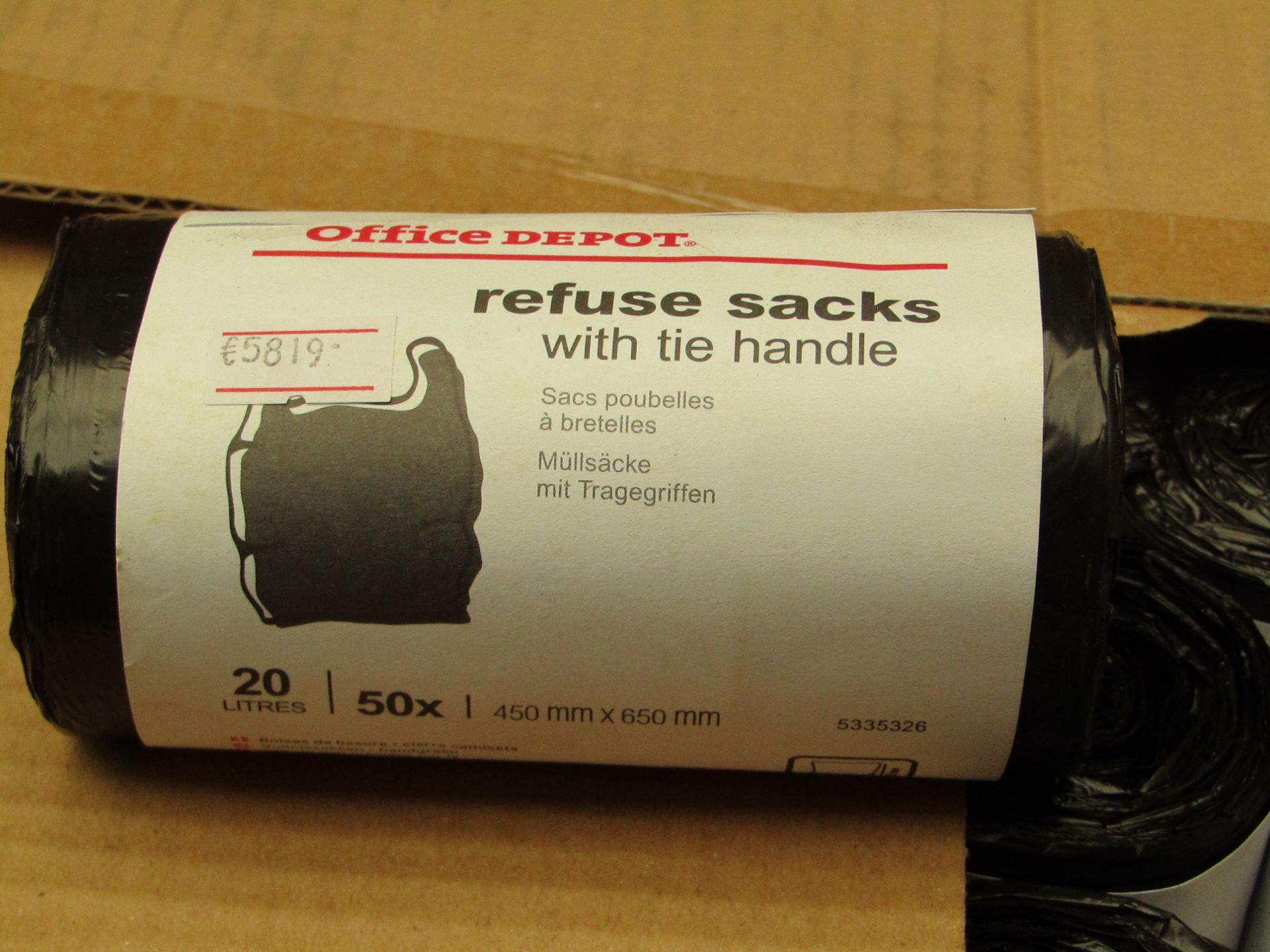 6x 20L Office Depot refuse sacks with tie handles, new and packaged.