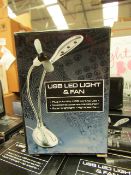 5x Mini USB powered Led light and fan , new and boxed