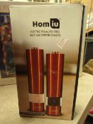 Homiu electric stainless steel salt and pepper grinder, unchecked and boxed.