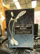 5x Mini USB powered Led light and fan , new and boxed