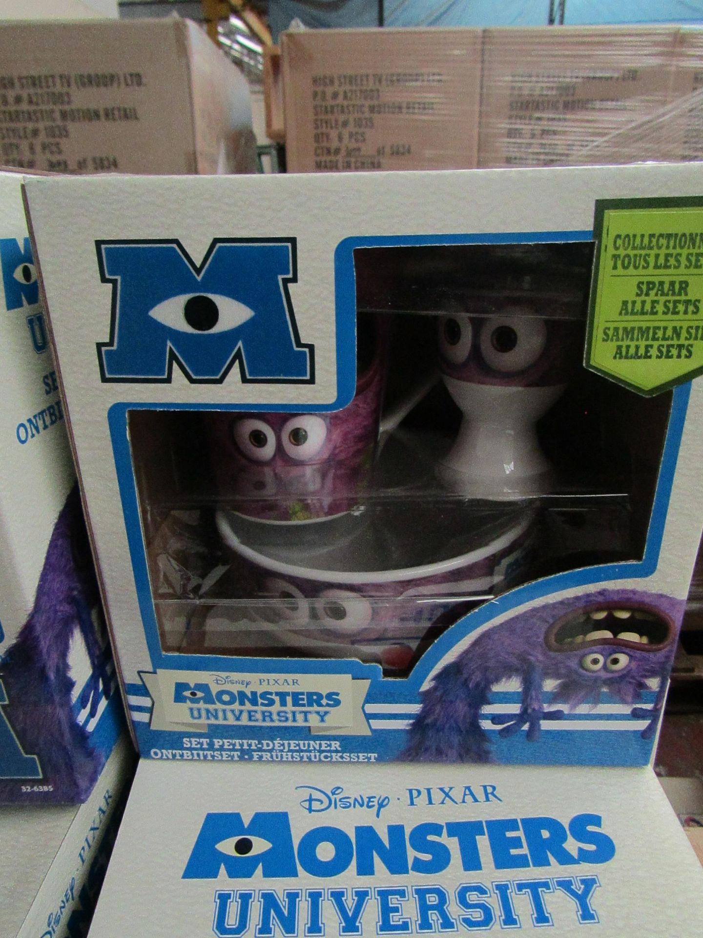 4 x Disney Pixar Monsters University Breakfast Sets. Incl Bowl, Mug & Egg Cup. Boxed (see image for