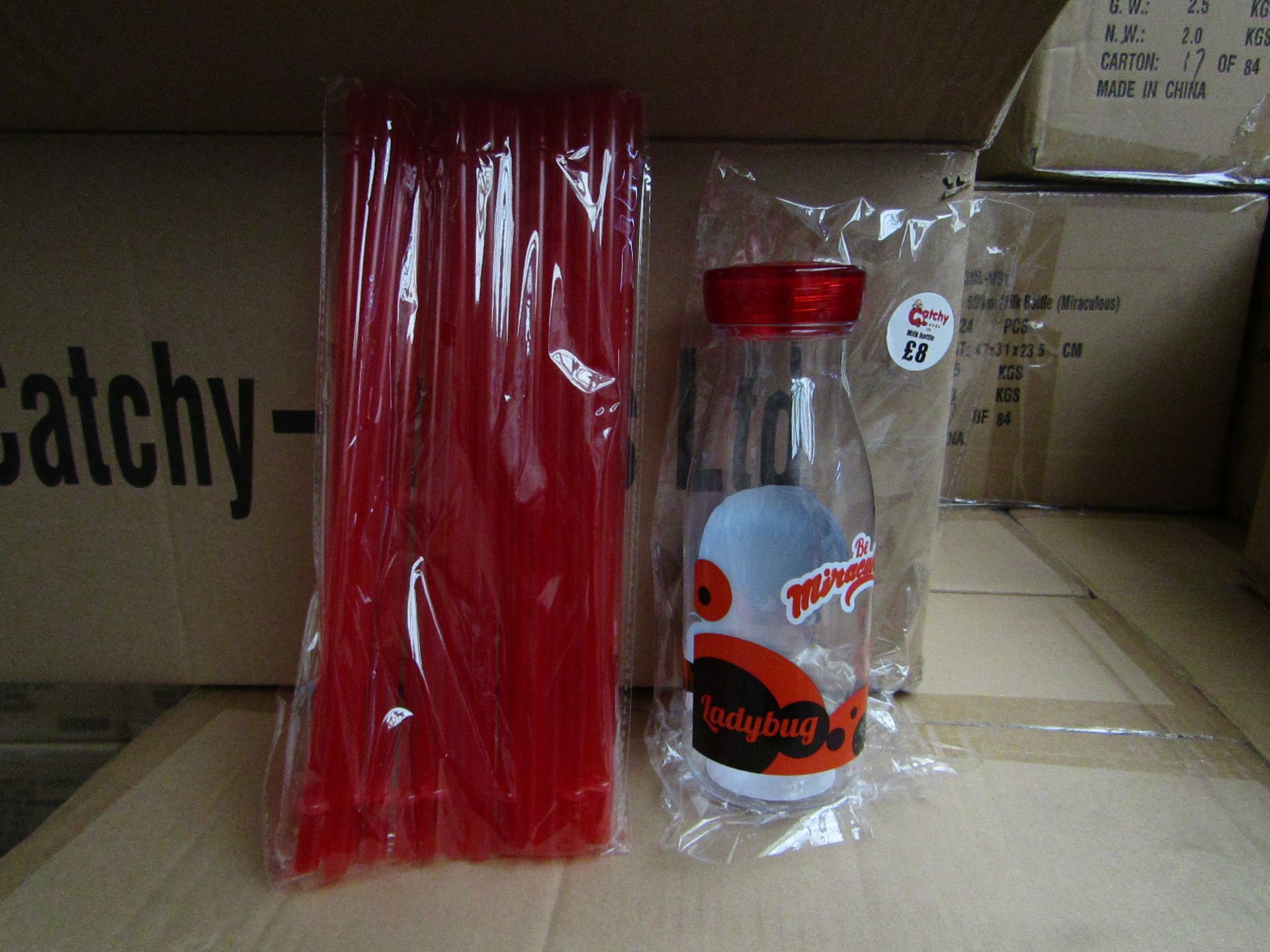 24 x Be Miraculous Lady Bug Milk Bottles with Straws. RRP £8 each New & Packaged - Image 2 of 2