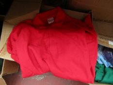 Box of approx 24 Uneek Red Polo Shirts, unused, mixed sizes which include 4XL