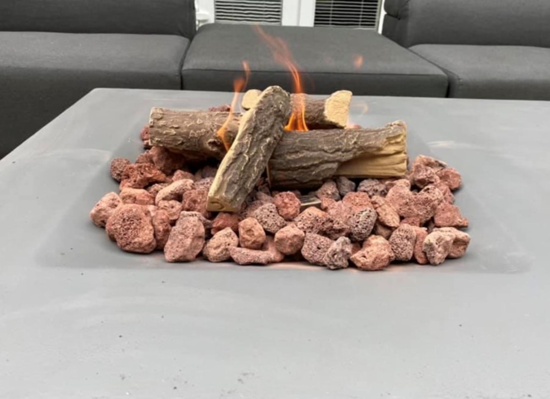 1x Concrete resin gas firepit around 80cm square cube size with storage for gas bottle inside