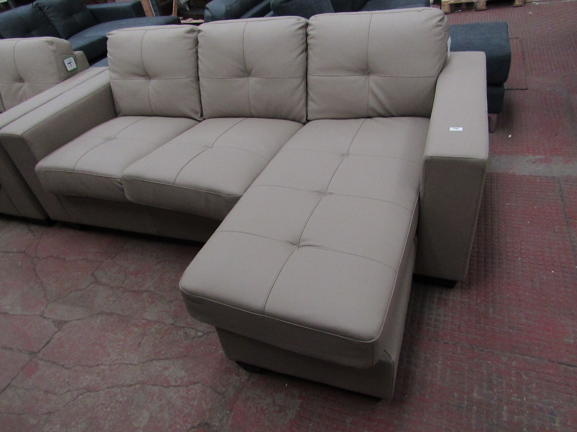 | 1X | 3 SEATER PU SOFA WITH CHAISE | THIS ITEM IS A RETURN AND MAY HAVE DAMAGE, MARKS, NEED