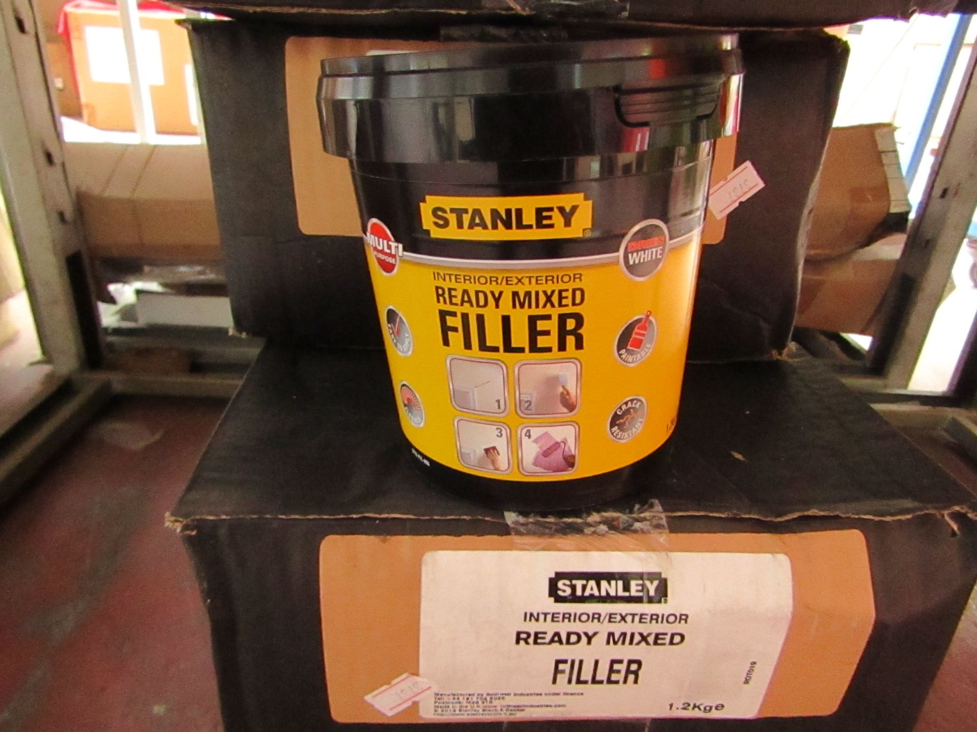 6x 1.2KG tubs of Stanley Multi Purpose ready Mixed Interor and Exterior filler, new