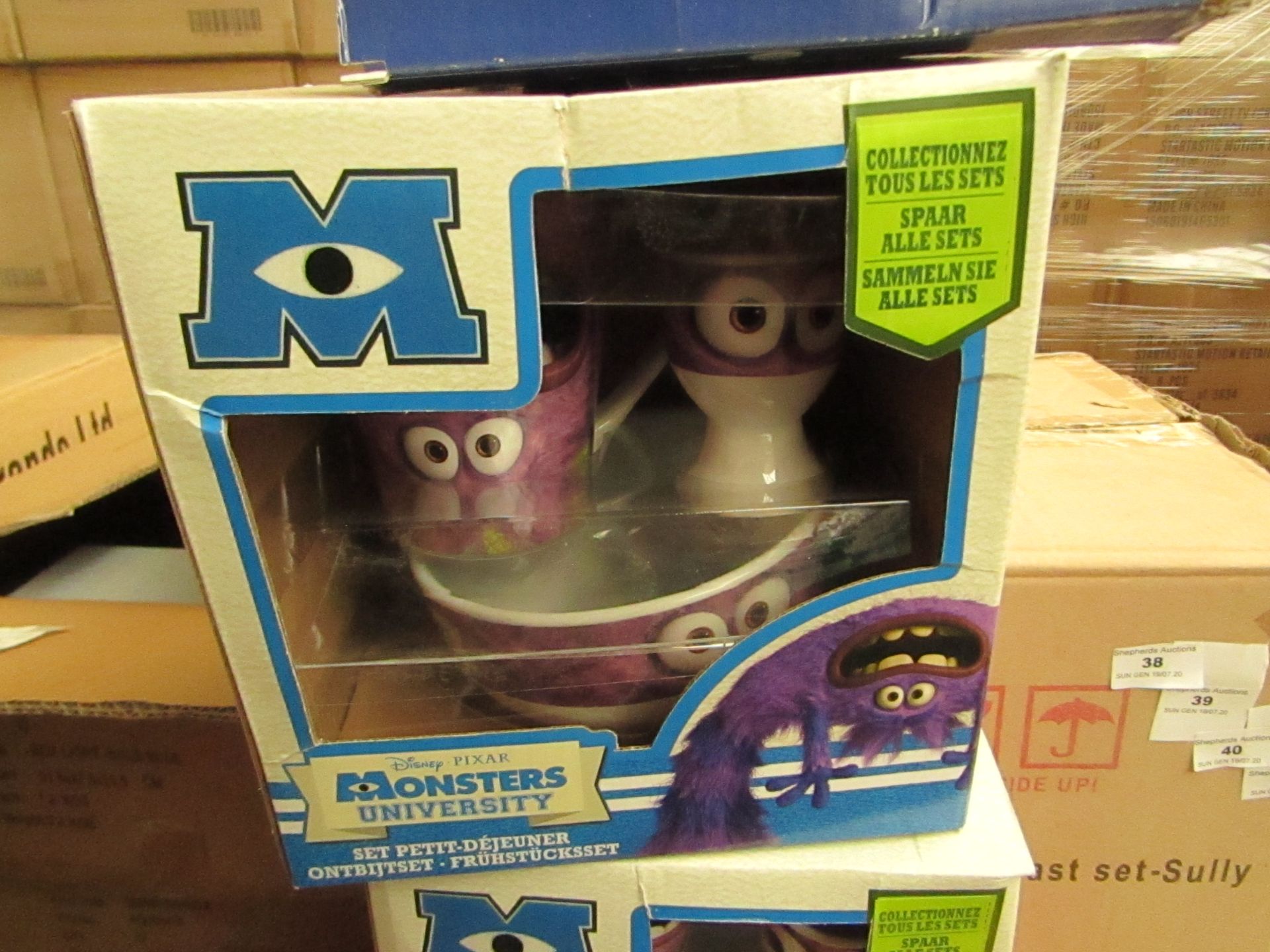 Box of 8 x Monsters University Breakfast Sets. Incl Cup, Bowl & Egg Cup. Unused & Boxed