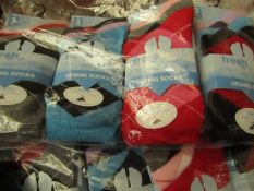 12 Pairs of Ladies Design Socks. Size 4 - 6.5. New & packaged