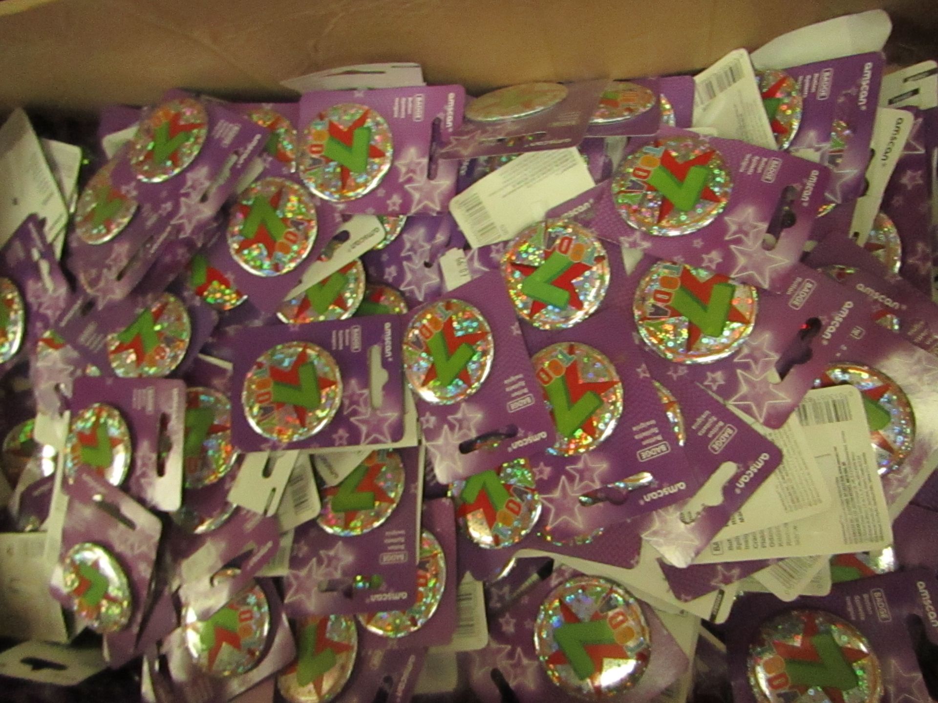 Box of Over 100 '7 Today' Badges. Unused