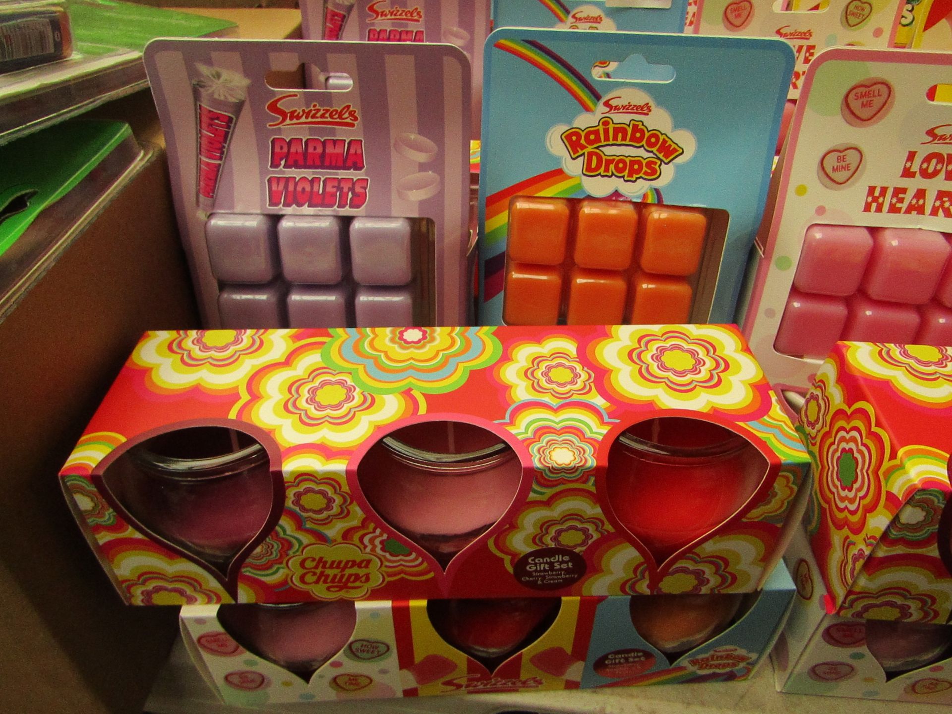 4 Items Being 3x Chupa Chups Candle Gift Set,Swizzles Candle Gift Set, Parma Violets Oil Burner &
