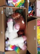 Box of Approx 10+ Various Household Items From: Clocks, Garden Treatments, Teddies, Stationary Etc.