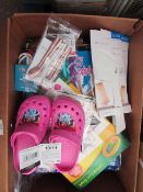 Box of Approx 30+ Various Household Items From : Colouring Books, Shoes, Kitchen Items Etc.
