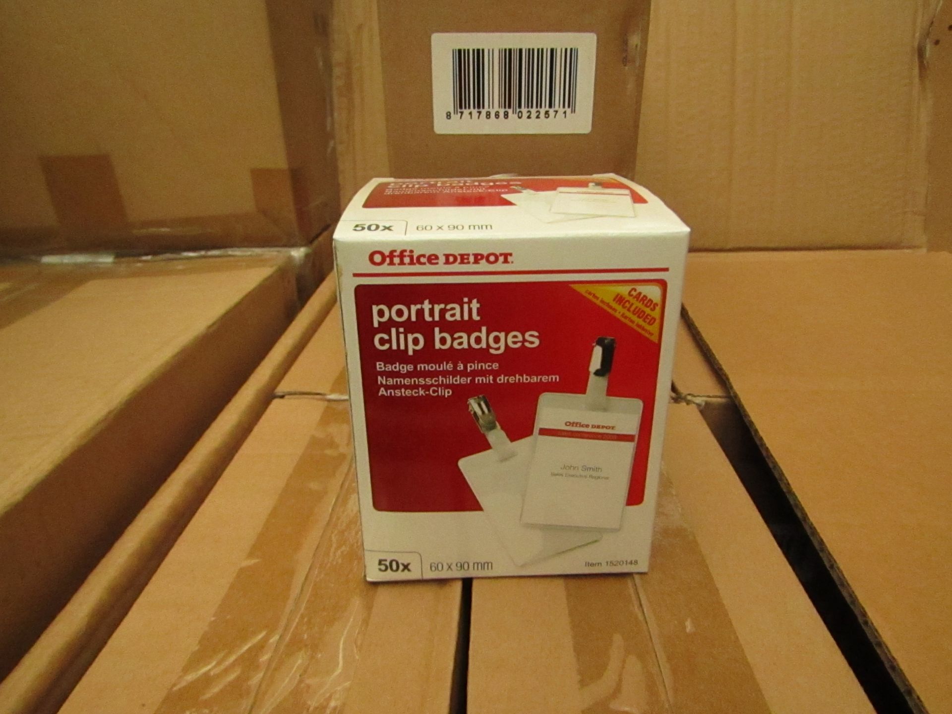 4x Boxes of 50 x Office Depot Portrait Clip Badges. 60mm x 90mm. New & Boxed.