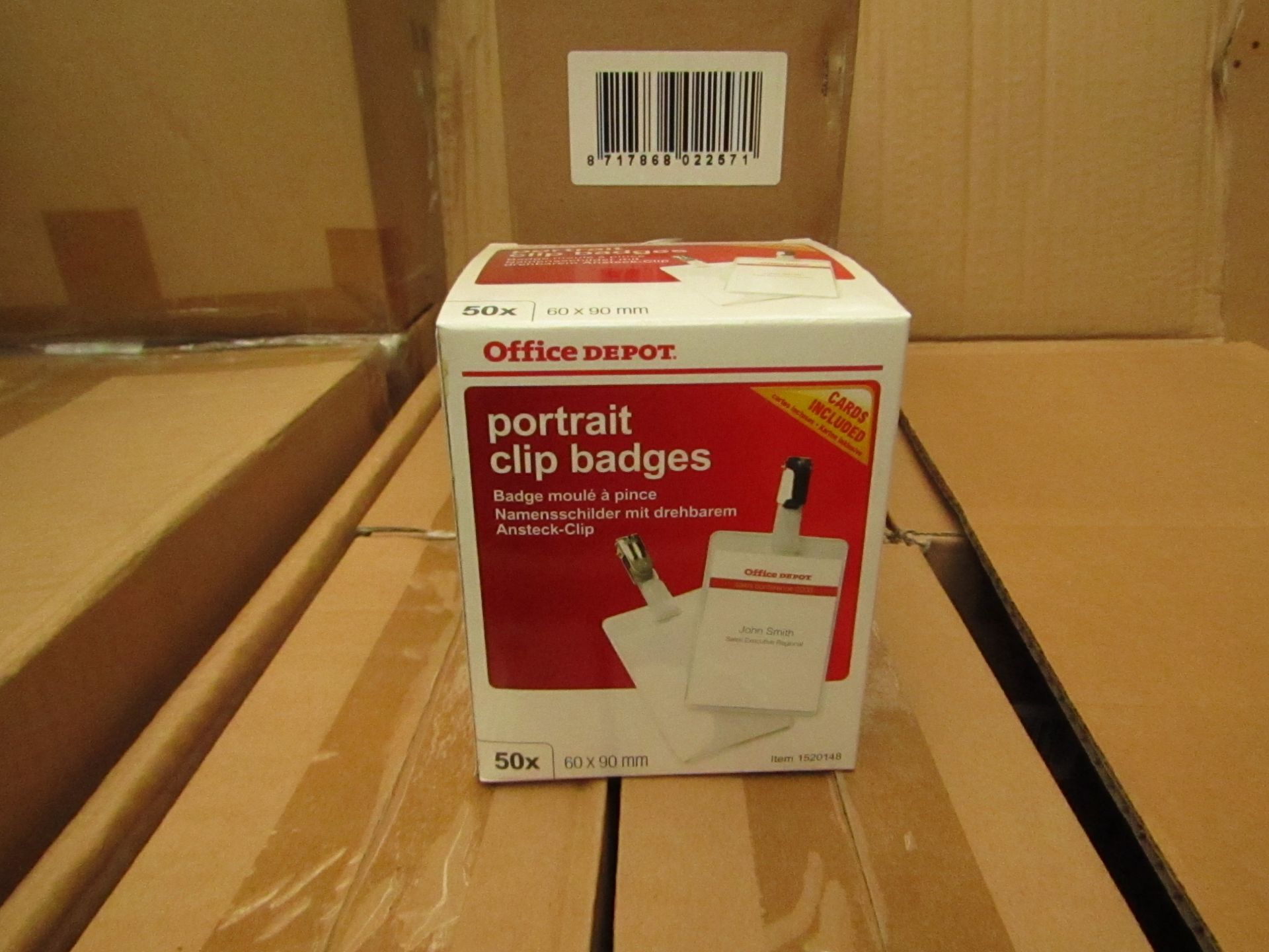 4x Boxes of 50 x Office Depot Portrait Clip Badges. 60mm x 90mm. New & Boxed.