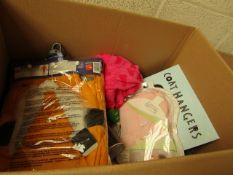 Box of Various Items From : Costumes, Baby Coat Hangers Etc.
