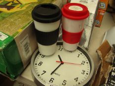 3x Various Item Being : 2x Travel Mugs. 1x Silver quartz Clock - Untested.