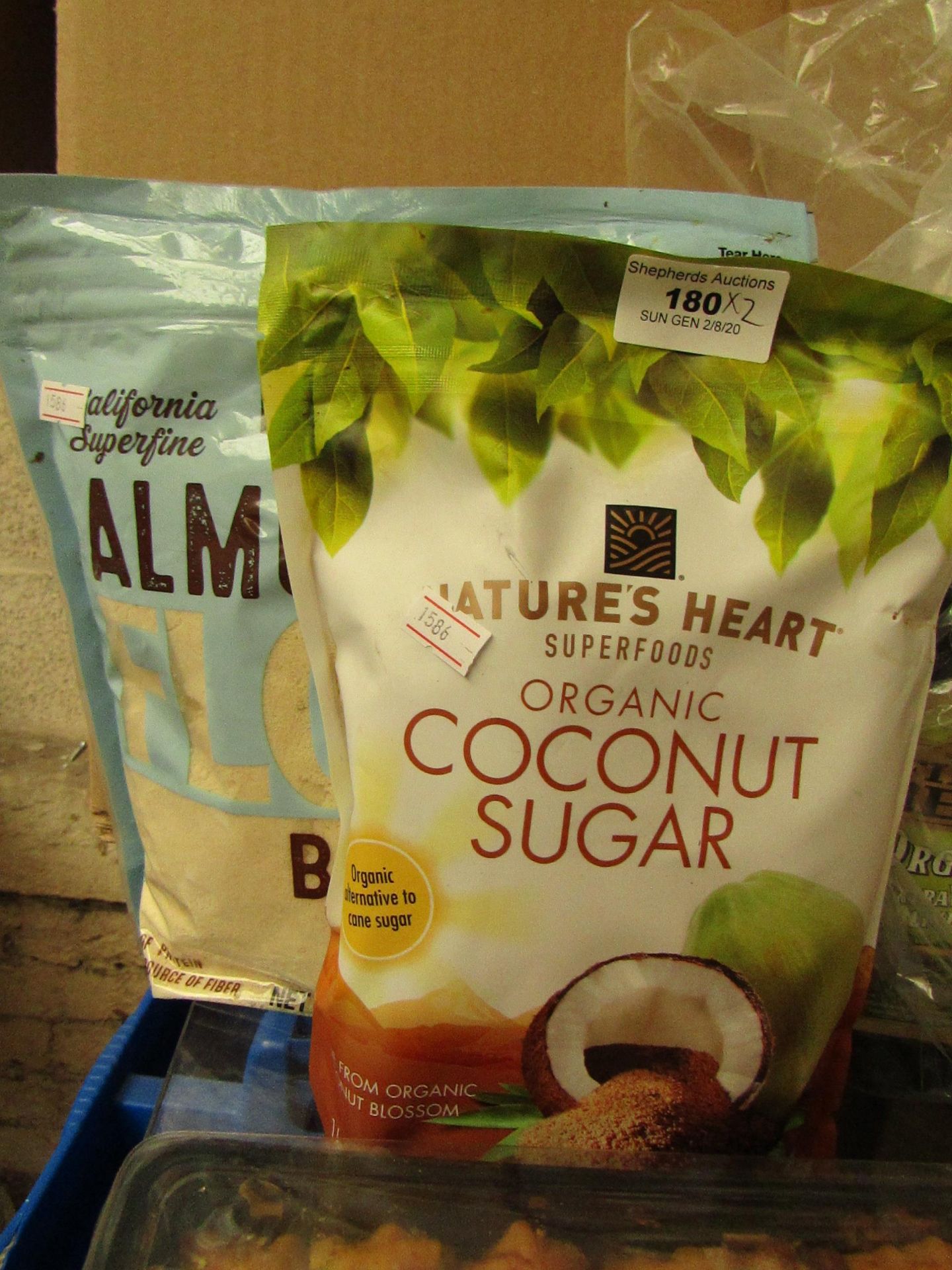 2x Various Cooking Items : 1x Natures Heart - Organic Cococut Sugar (1kg) - BB Feb 2021. 1x Almond