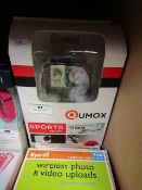 Qumox sorts HD DV 30m water resistant action camera, unchecked and boxed.