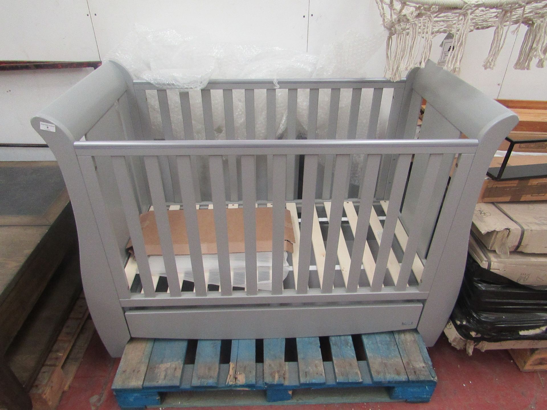 Tutti Bambini Grey wooden cot with drawer, looks in good condition, RRP £249