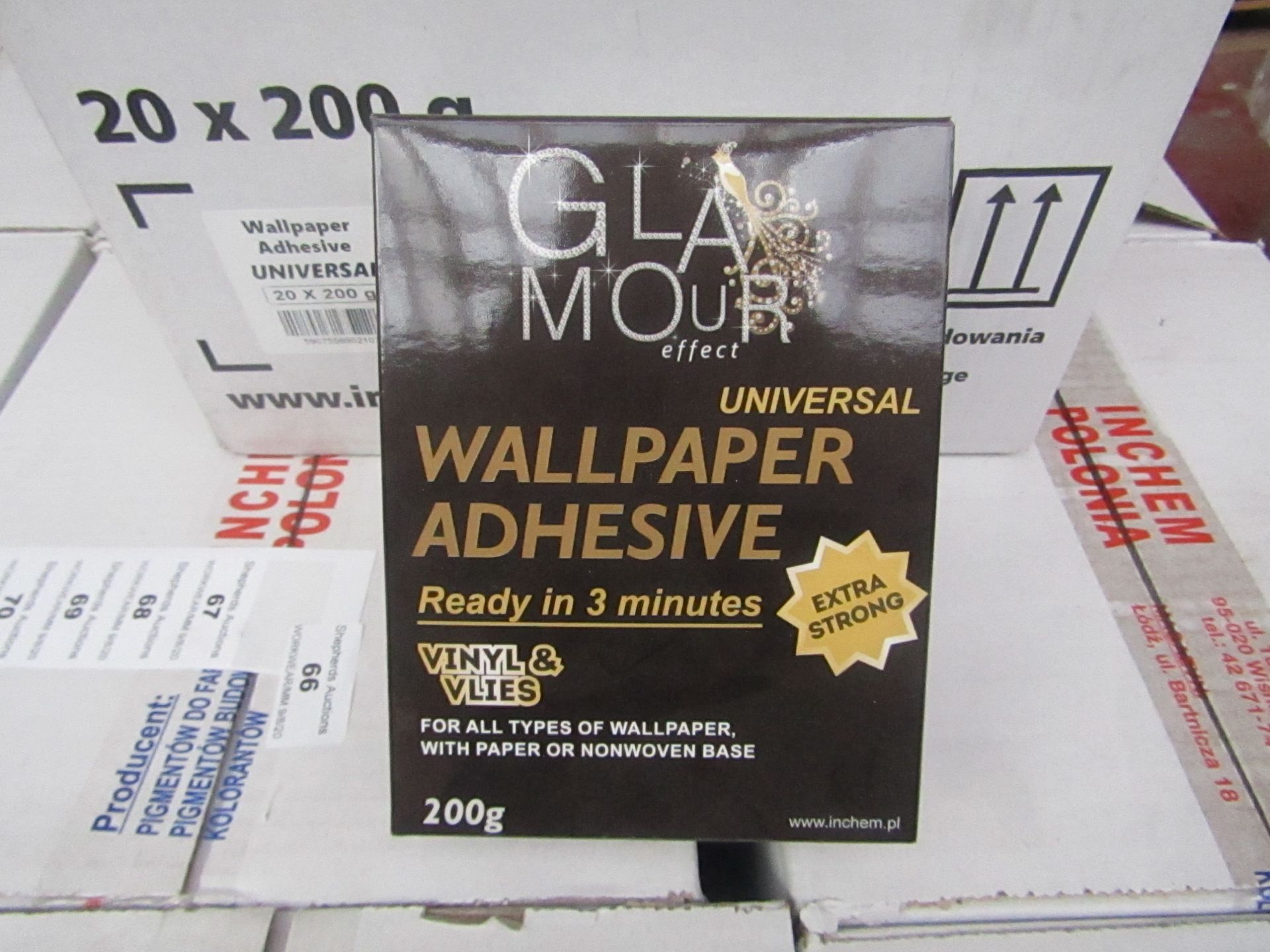 Box of 20x 200g packets of Glamour Effect extra strong Universal wall paper adhesive, new