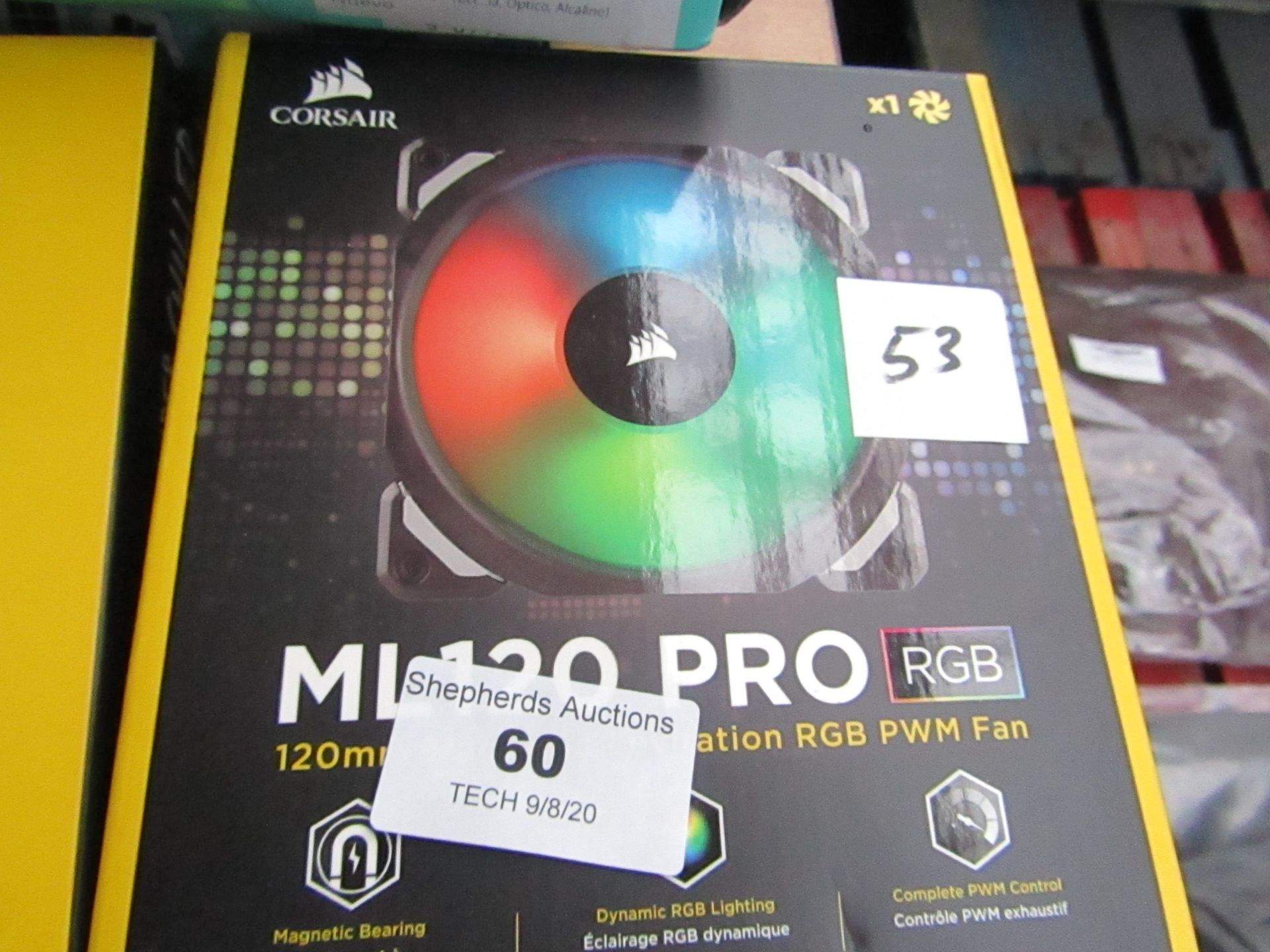 Corsair ML120 RGB Pro Performance PC fan, unchecked and boxed