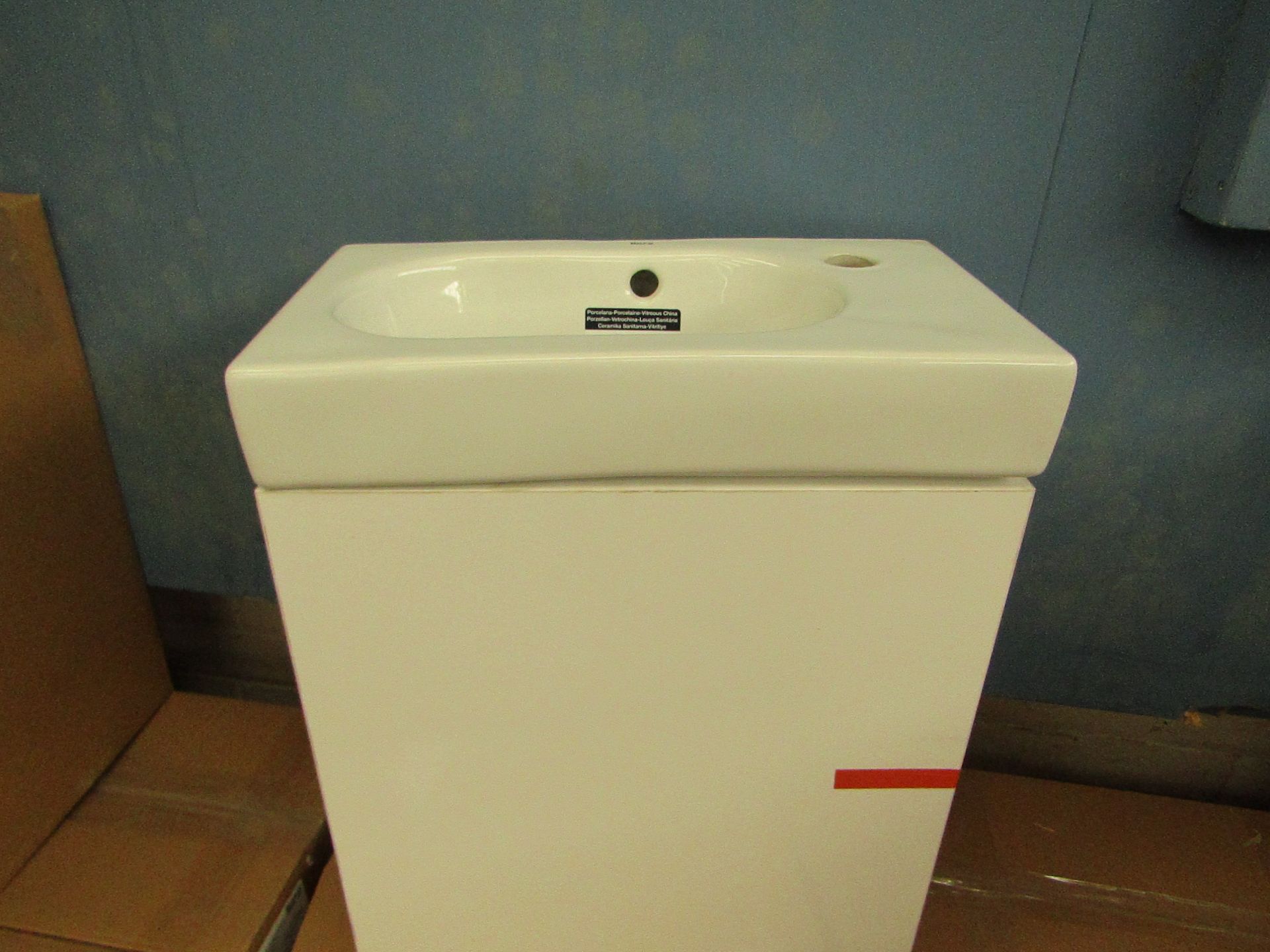 Roca GLOSS WHITE cloakroom basin set including; Roca 450mm wall hung base unit with a Roca 450mm 1TH