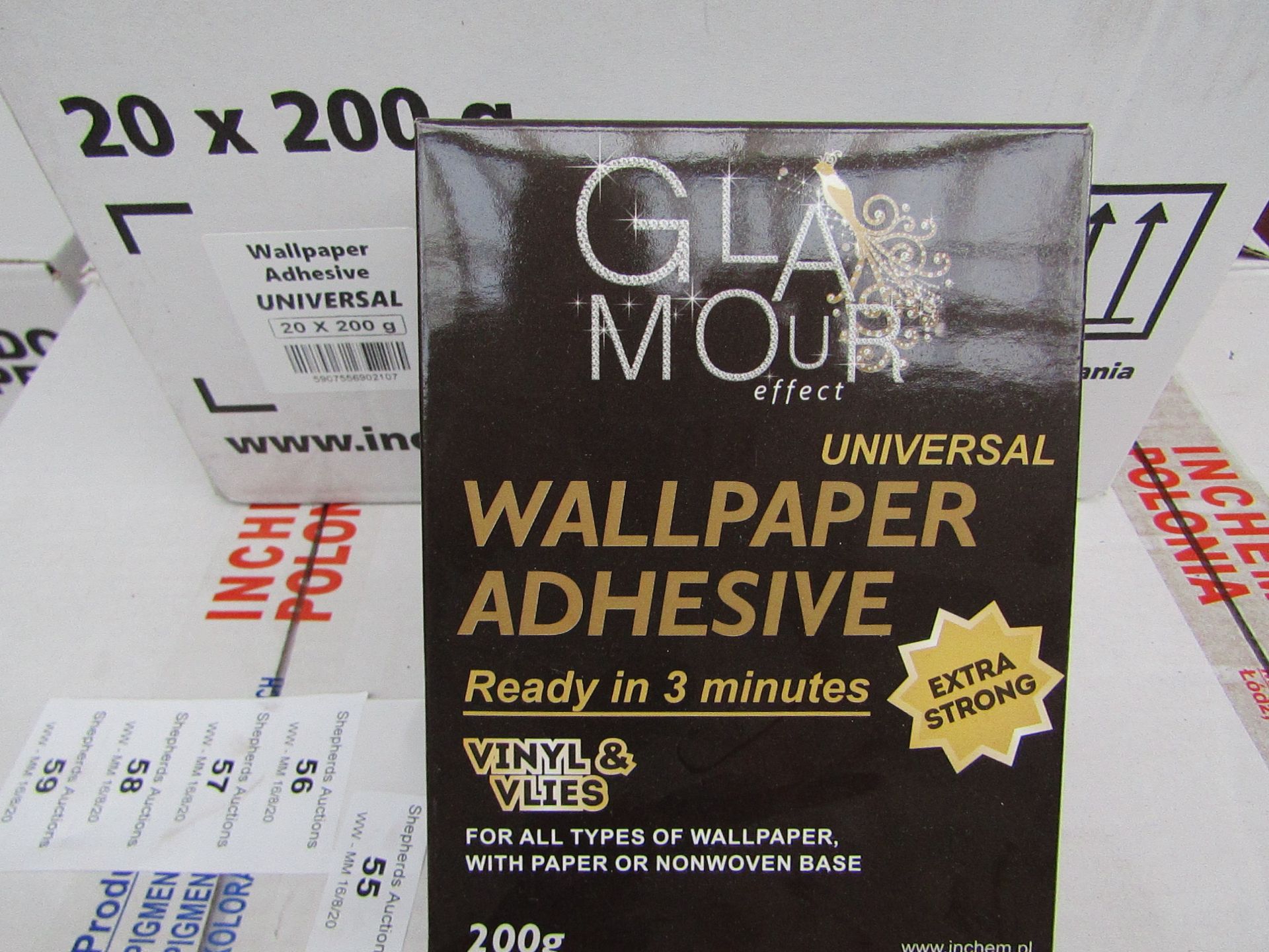 Box of 20x 200g packets of Glamour Effect extra strong Universal wall paper adhesive, new