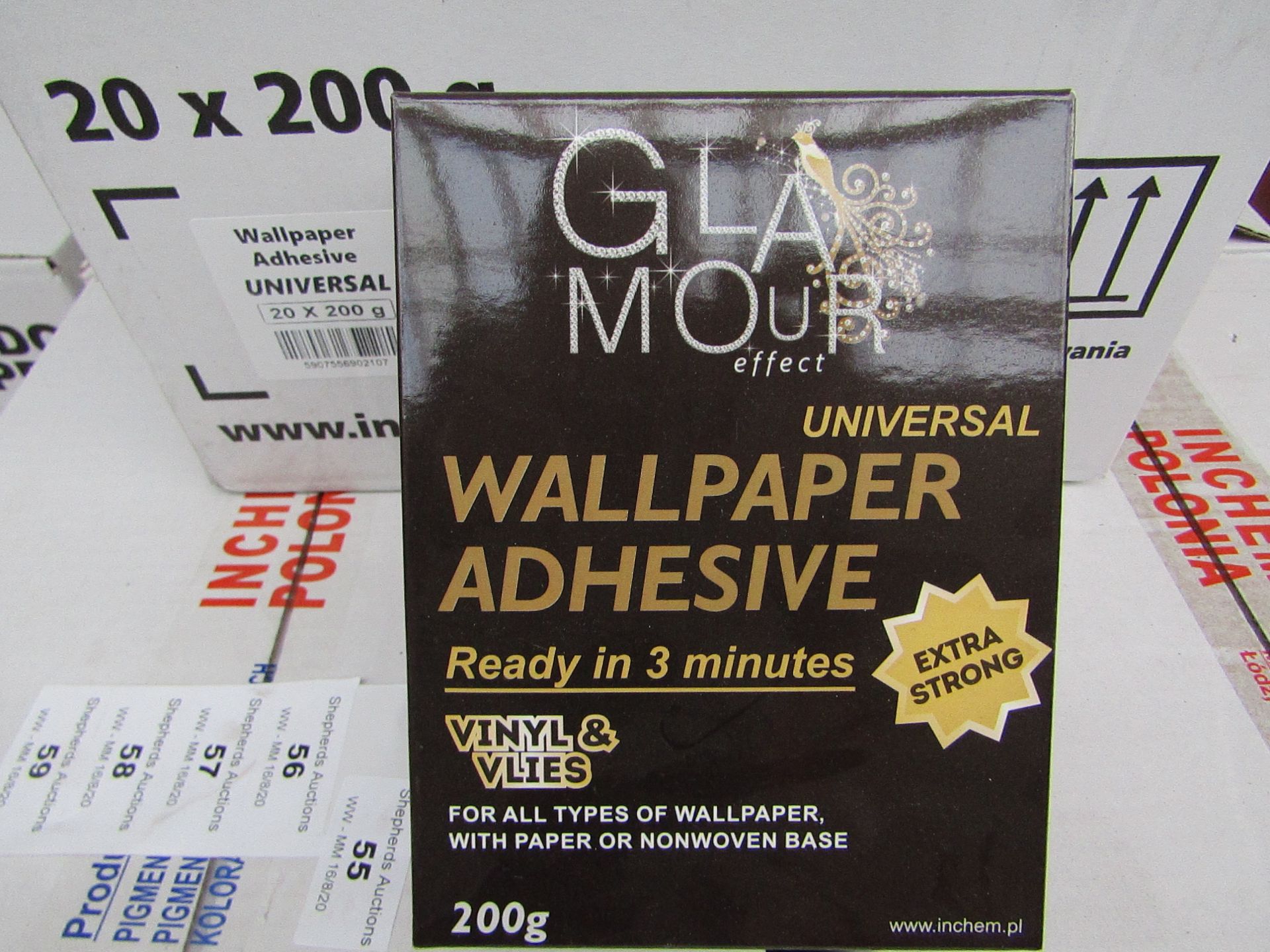 Box of 20x 200g packets of Glamour Effect extra strong Universal wall paper adhesive, new