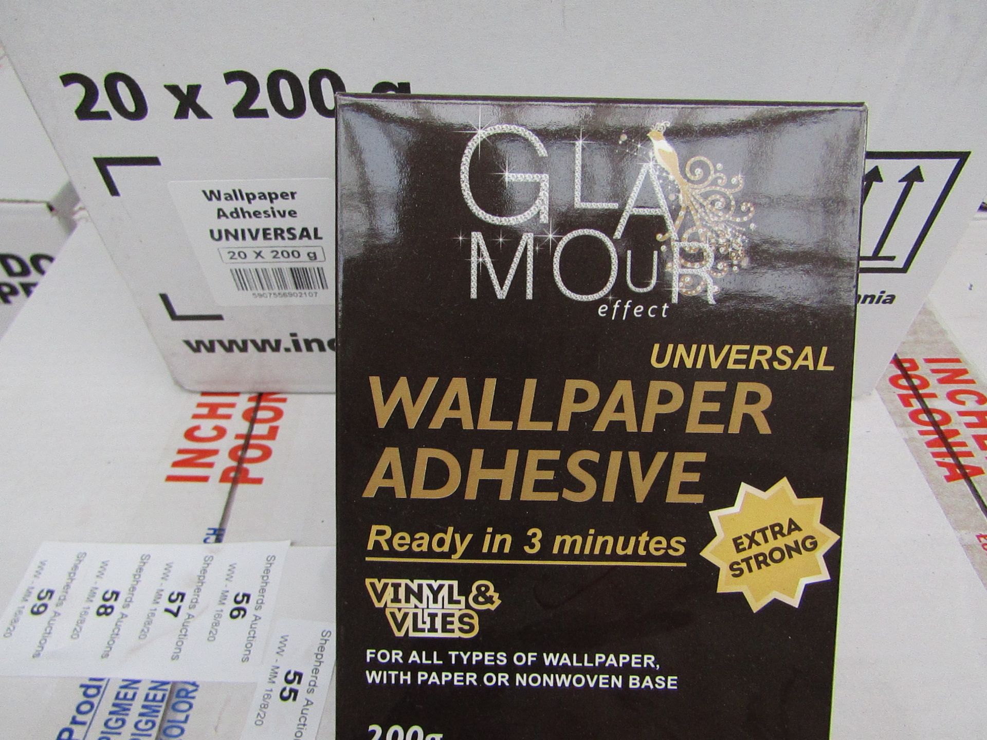 Box of 20x 200g packets of Glamour Effect extra strong Universal wall paper adhesive, new