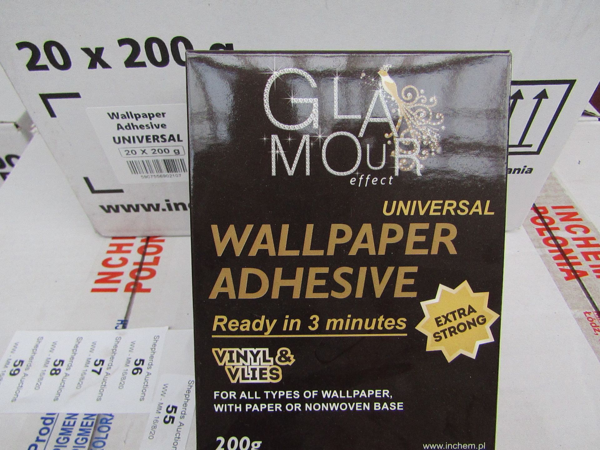 Box of 20x 200g packets of Glamour Effect extra strong Universal wall paper adhesive, new