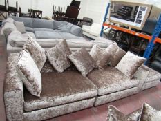 Crush Velvet style Brown Costco 3 seater 2 cushion sofa with matching footstool, appears to be in