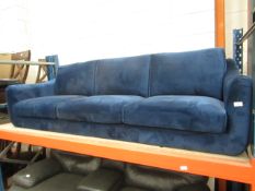 3 Seater Blue Velvet sofa, apears in good condition but missing legs