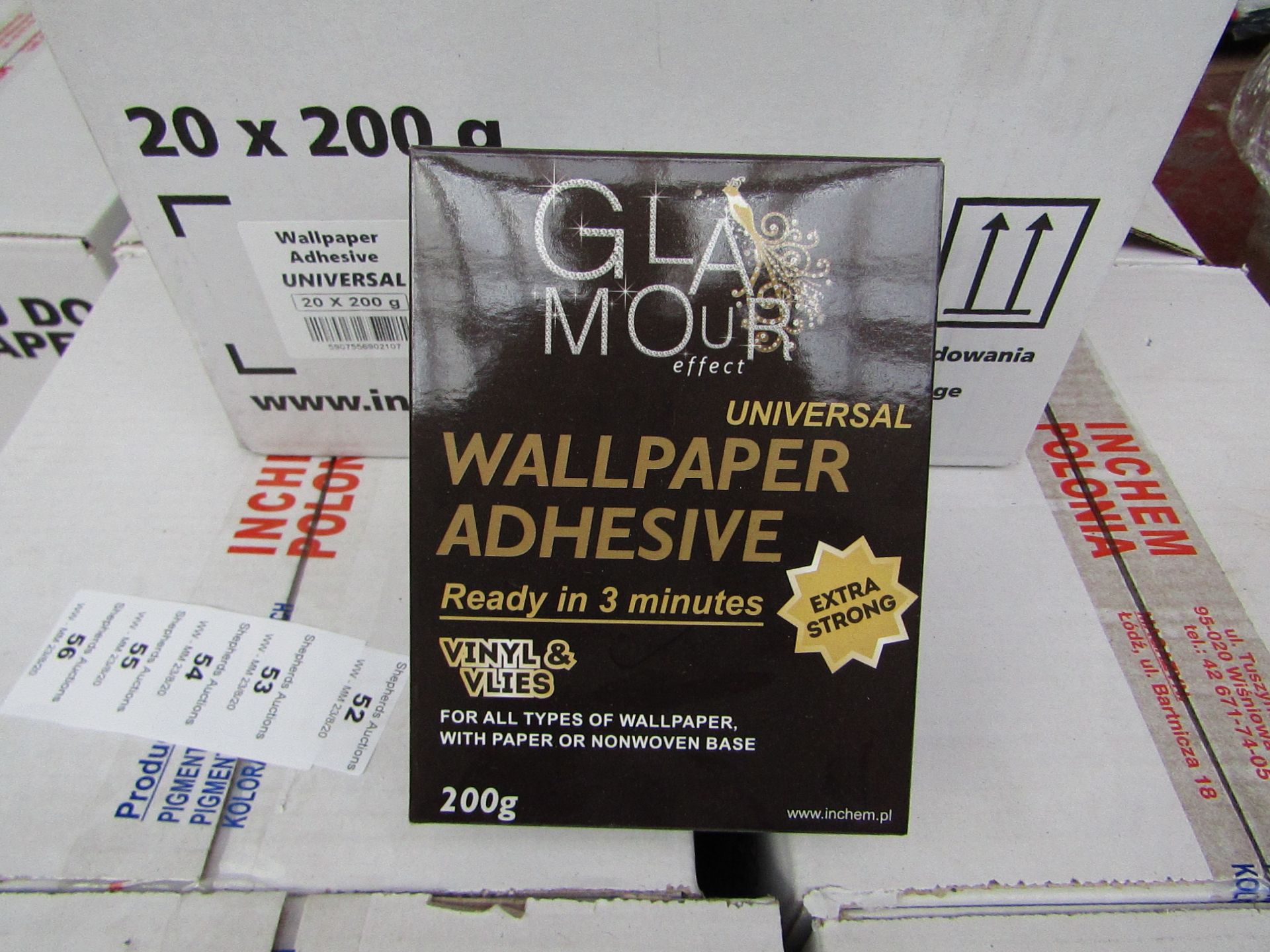 Box of 20x 200g packets of Glamour Effect extra strong Universal wall paper adhesive, new