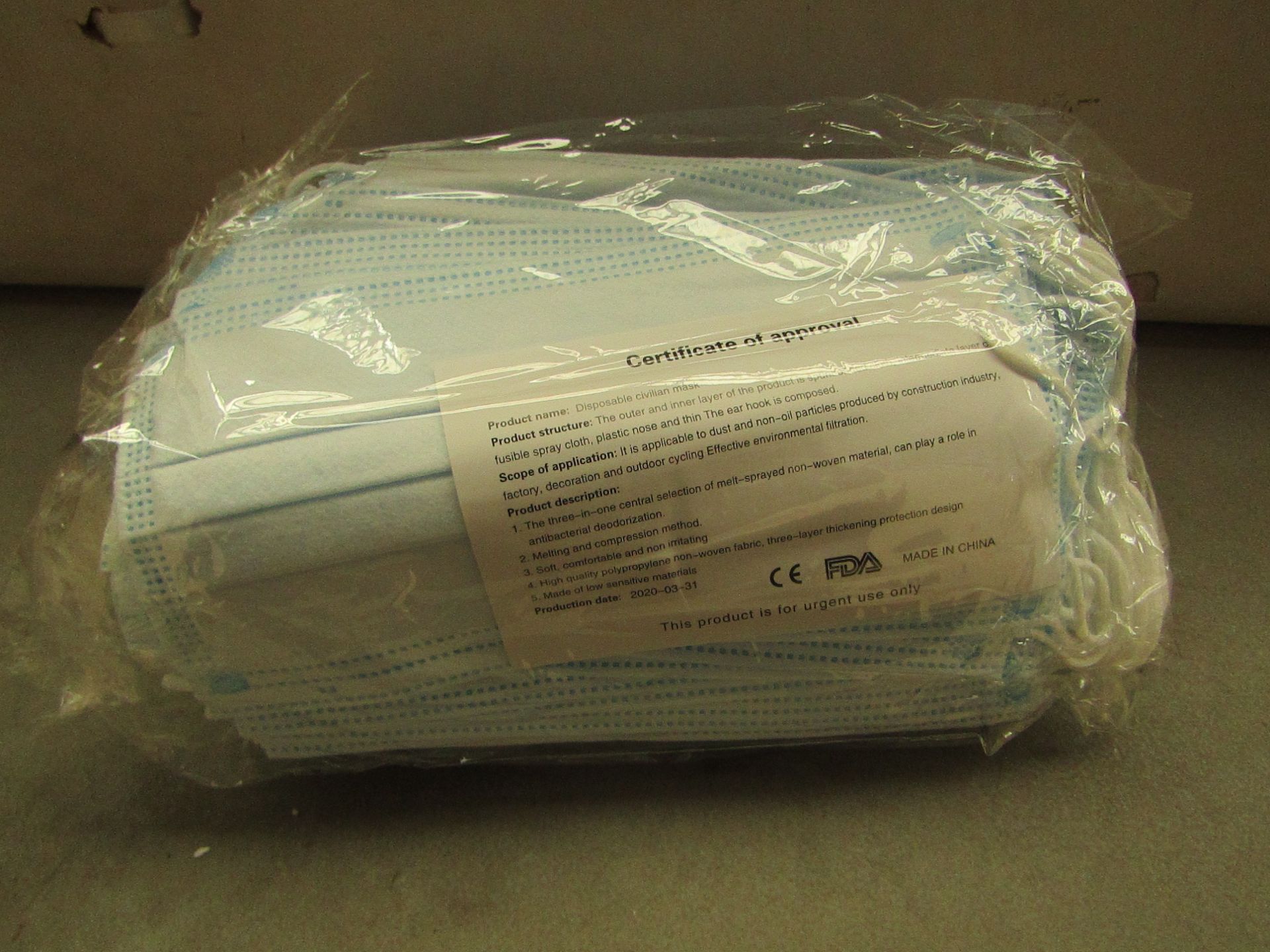 Packet of 50x Huisida Health Civil protective mask new and carry a production date of 31/03/2020.