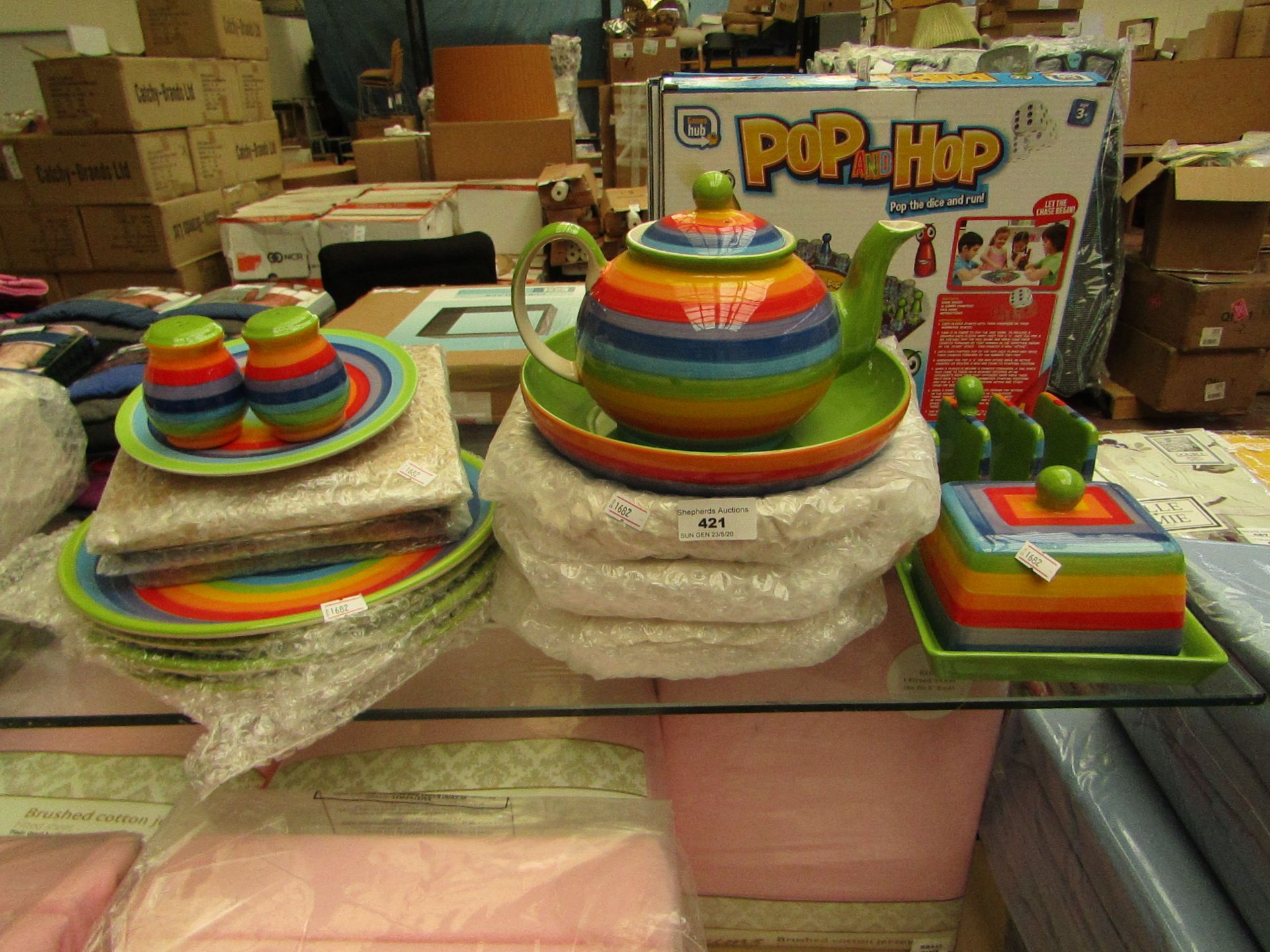 Set of 17 Rainbow Crockery Items Being Plates, Bowls, Teapot, Salt & Pepper Shakers,Butter Dish &