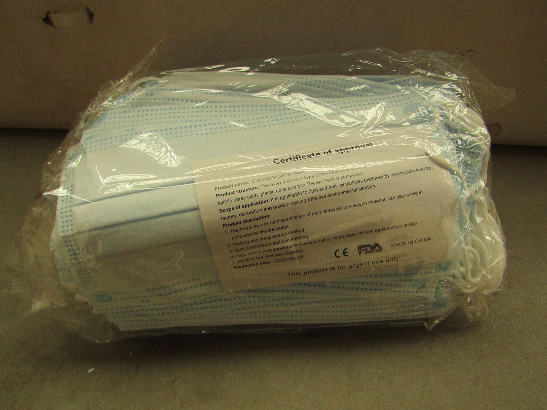 Packet of 50x Huisida Health Civil protective mask new and carry a production date of 31/03/2020.