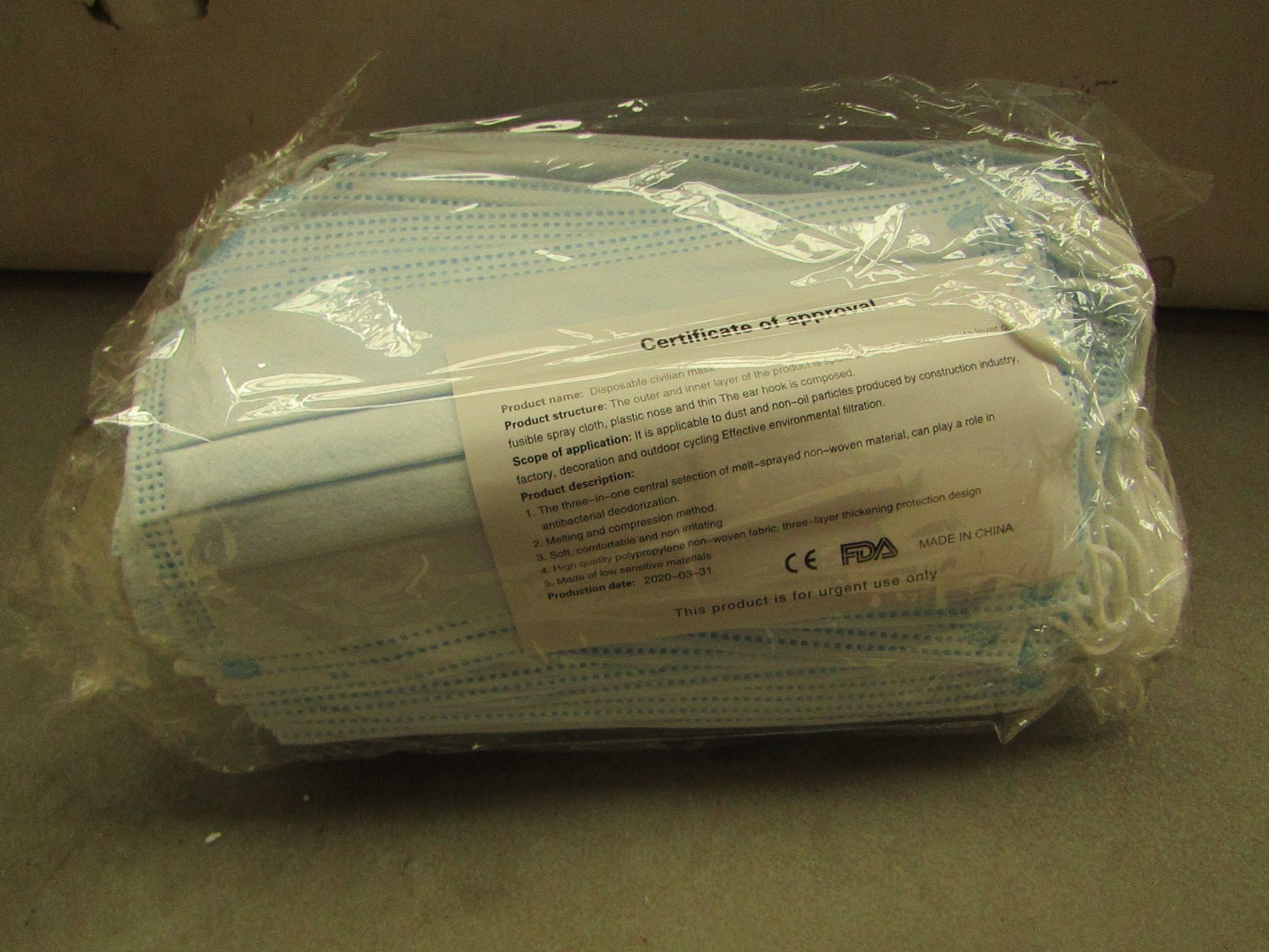 Packet of 50x Huisida Health Civil protective mask new and carry a production date of 31/03/2020.