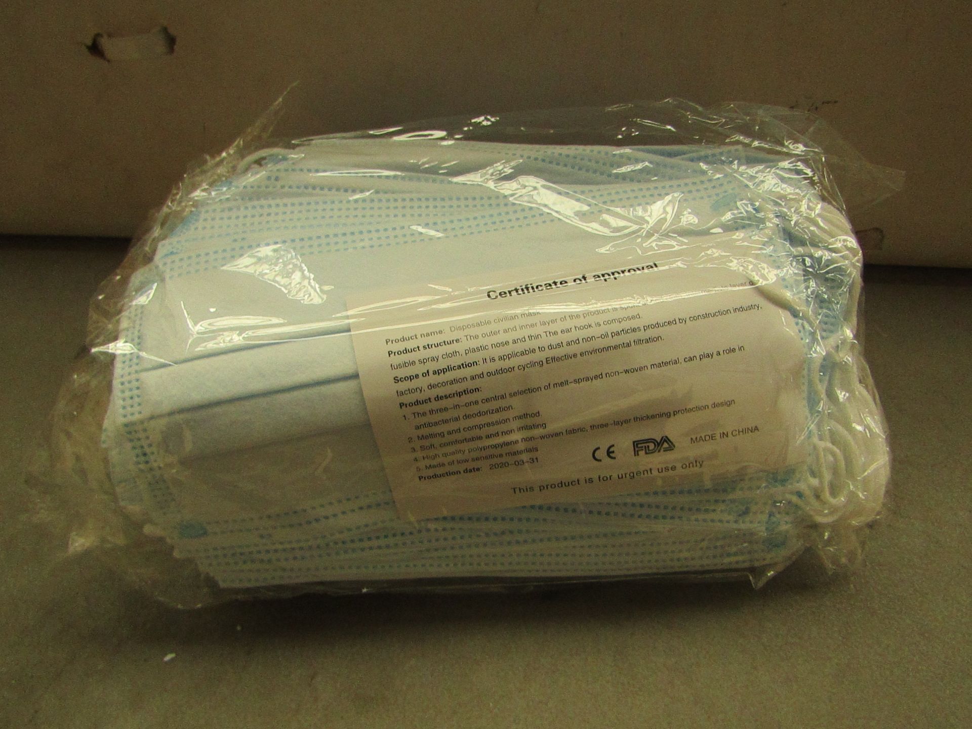 Packet of 50x Huisida Health Civil protective mask new and carry a production date of 31/03/2020.