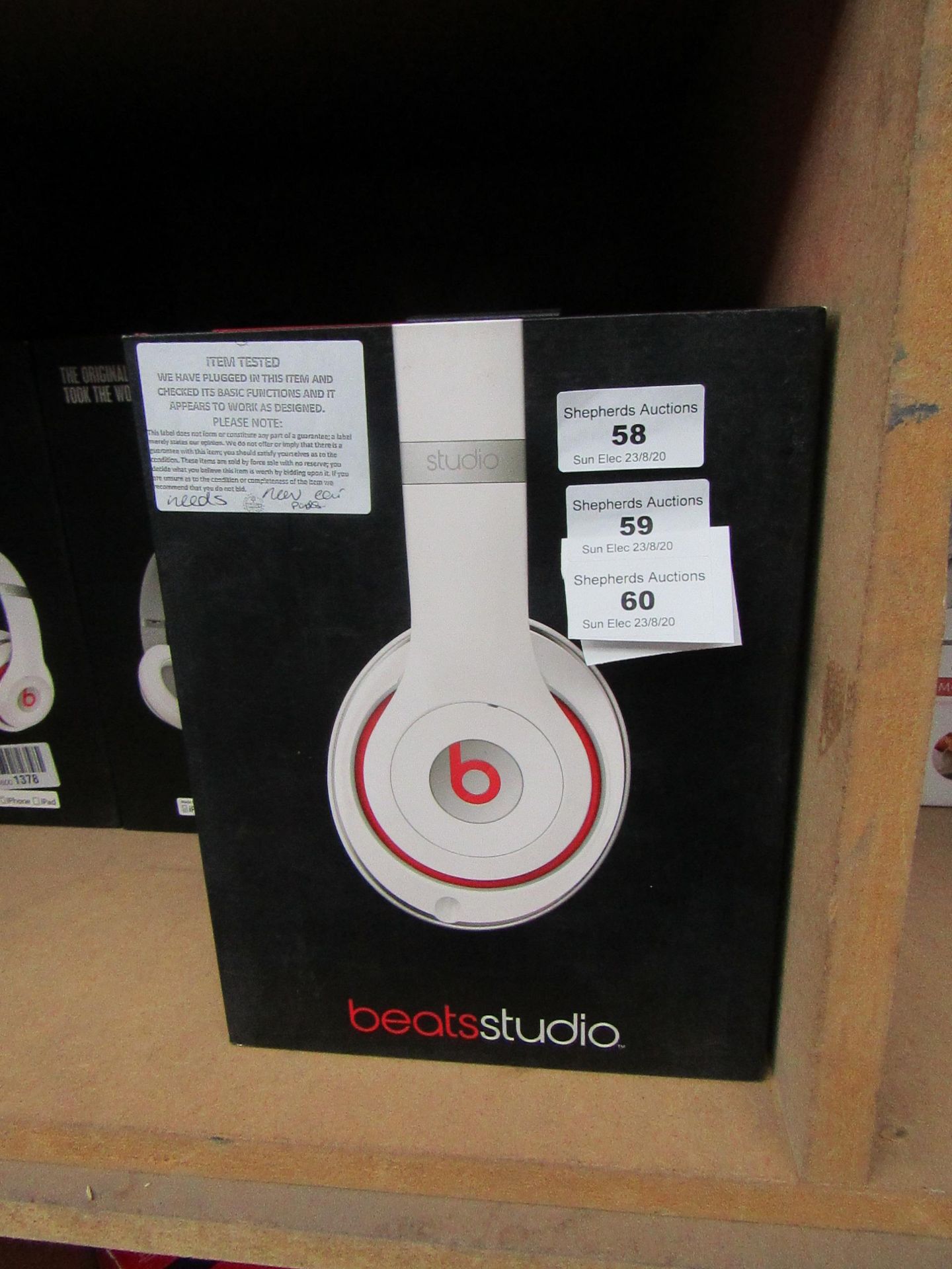 Beats Studio wired over-ear headphones, tested working but ear pads may need replacing and boxed.