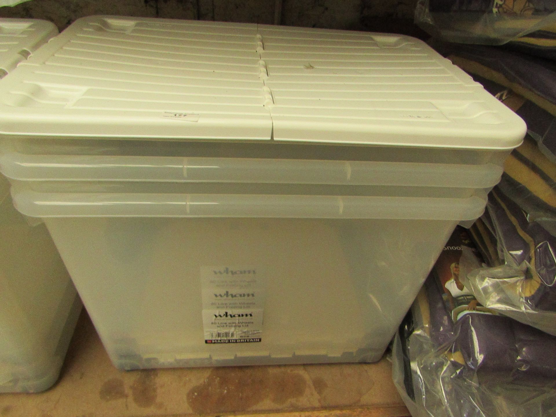 3 x Wham 80L Storage Boxes with Wheels & Folding lids. Unchecked