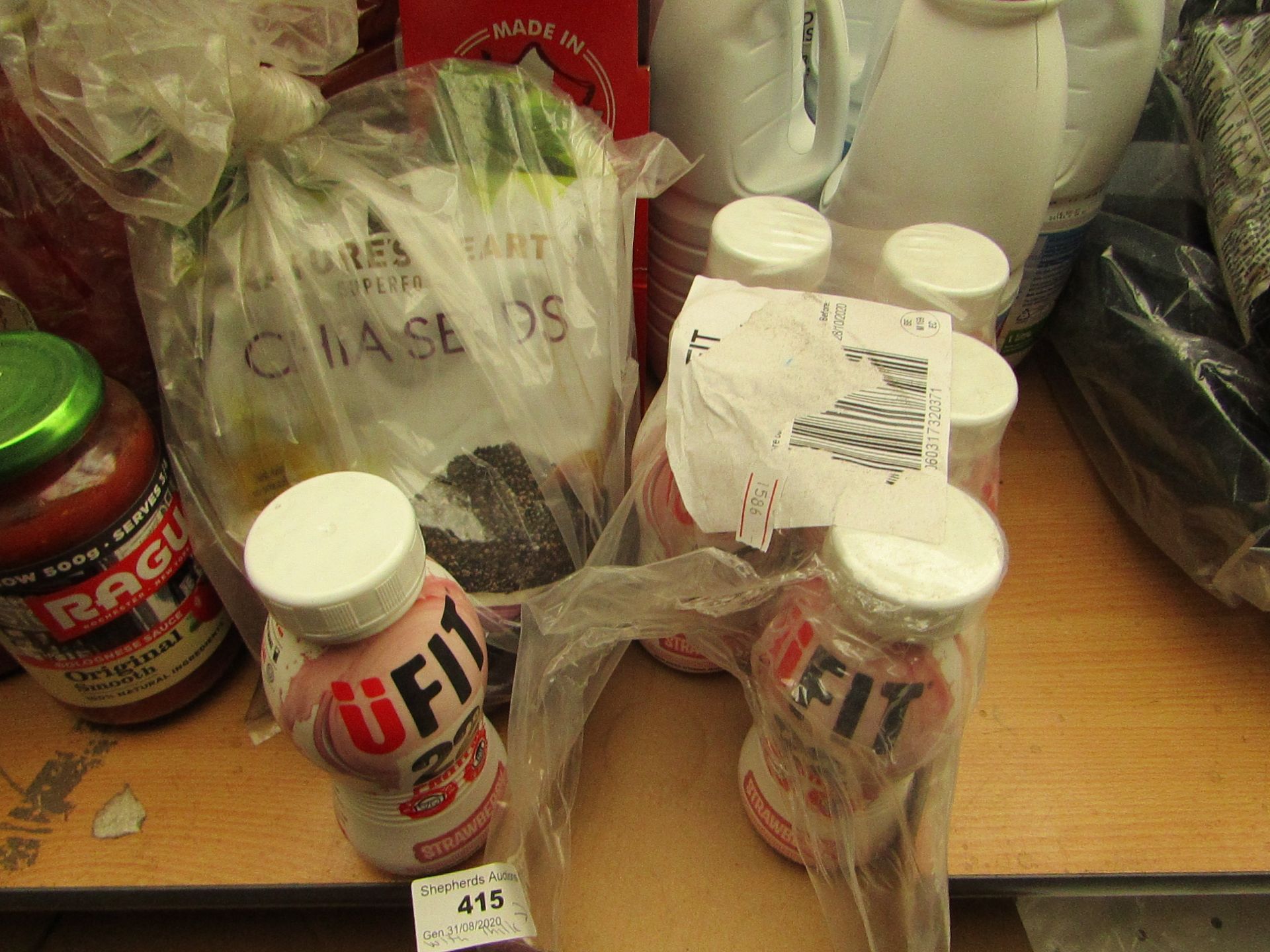 7 items Being 6 x Ufit Strawberru Protein 310g BB Oct 20 & a Bag of Chia Seeds.(bag has split bt has
