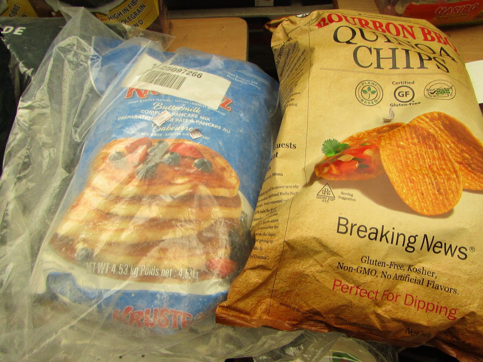 2 items Being a 4.53kg Pancake Mix & a 510g Bag of Bourbon BBQ Quinoa Chips.