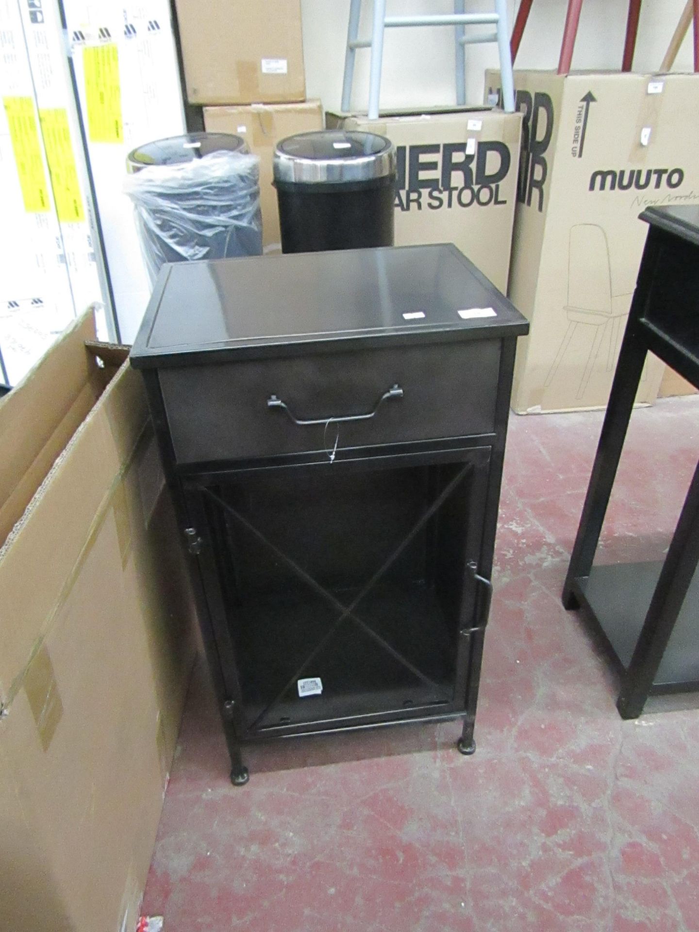 | 1X | INDUSTRIAL STYLE BEDSIDE TABLE WITH ONE DRAWER 42 X 33 X 78 CM  | RRP £195 | REQUIRES GLASS