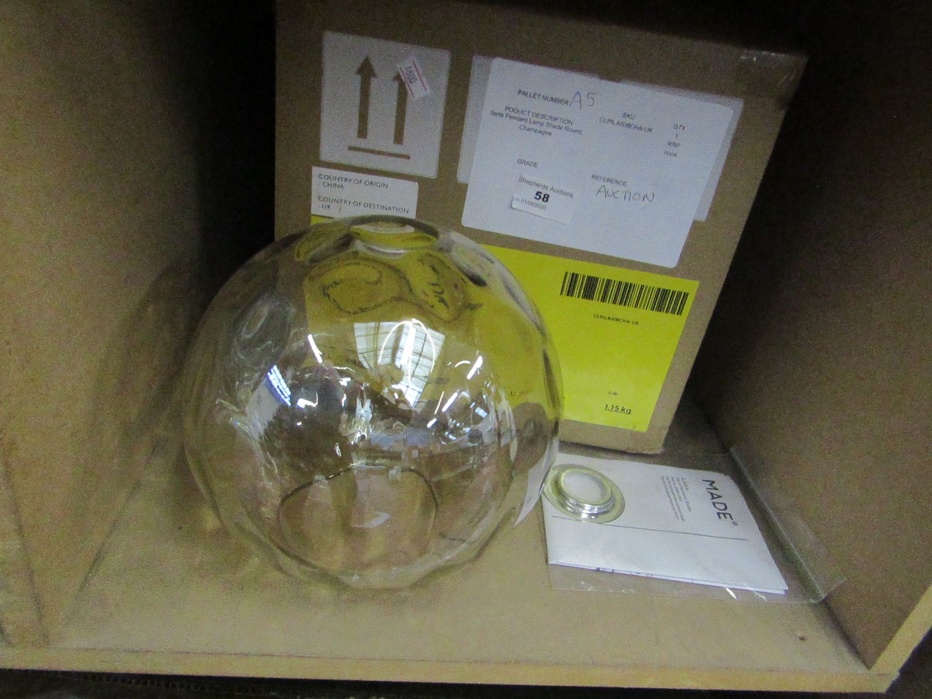 | 1X | MADE.COM LLARIA CHAMPANGE GLASS SHADE | RRP £35 BOXED  | NO GUARANTEE) |