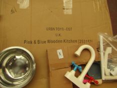 Pink & Blue Wooden Kitchen. Boxed but unchecked